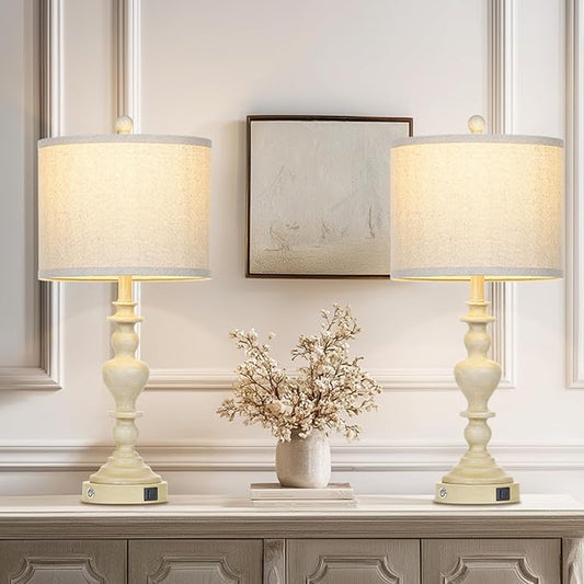 luxeflow 27" Farmhouse Table Lamps Set of 2, Vintage Bedside Lamps with USB A+C Charging Ports, 3-Way Dimmable Touch Control Traditional Nightstand Lamp for Living Room Beige (Bulbs Included)