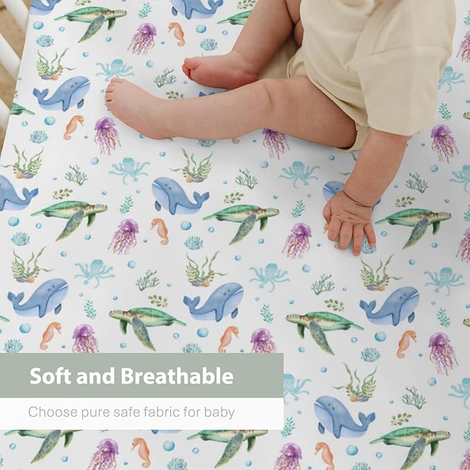 Pastel Sea Animals Baby Crib Sheets for Boy Girl 52x28In Sea Horse Turtle Whale Jellyfish Corals Soft Snug Fitted Crib Mattress Cover Ocean Marine Baby Sheet for Standard Crib & Toddler Bed Mattress