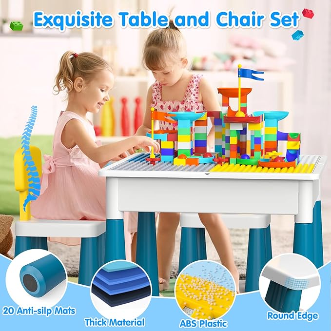 OCATO Toddlers Kids Table and Chair Set: Activity Table with 152Pcs Large Marble Run Building Blocks 4 Chairs Storage All in One Play Sensory Water Tables Sand Tables for Boys Girls 3 4 5 6 Year Old
