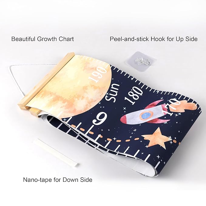 BESSLEE Canvas Kids Growth Chart for Wall, Galaxy Space Height Measurement Tracker for Baby Boy, Hanging Ruler with Removable Hook, Nursery Room Playroom Toddler Bedroom Decor, 79”x7.9”