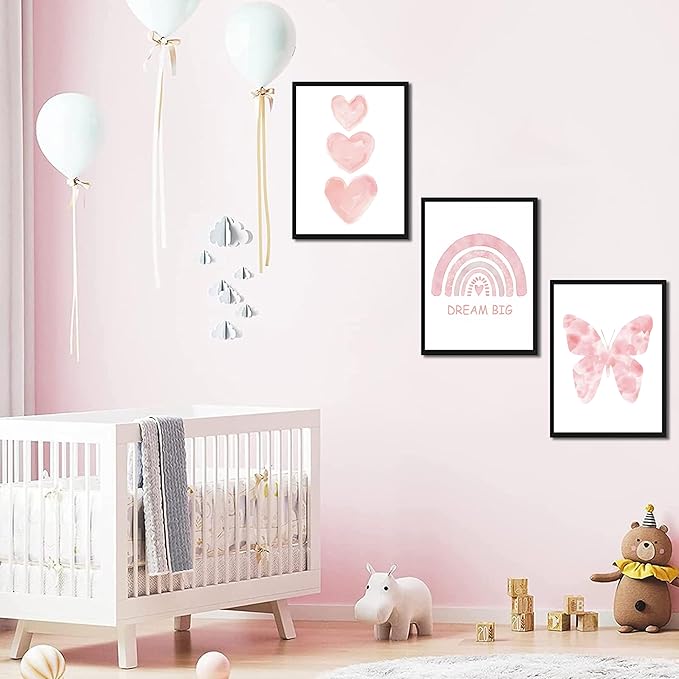 Pink Girls Nursery Wall Art Set of 3, Girl Toddler Room Wall Decor Paintings, Kids Rainbow Butterfly Love Prints Pictures for Baby Room Bedroom Decor 12x16 Inch Wood Framed