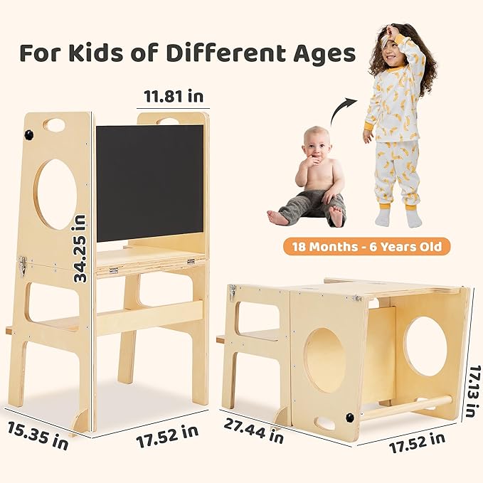 SHWWQUE Toddler Tower Step Stool for Kids Kitchen Stool Helper Toddler Standing Tower Foldable Children Table Kids Table and Chair Set Montessori Helper Tower Natural
