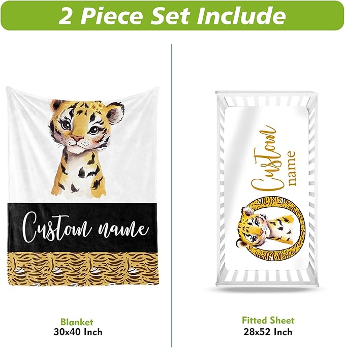 Personalized Baby Crib Bedding Set, Custom Name Tiger Design Baby Bedding 2-Pcs Set-Soft Double Layer Dotted Blanket and Fitted Sheet, Nursery Bedding for Newborn Boys Girls, Perfect Shower Gift