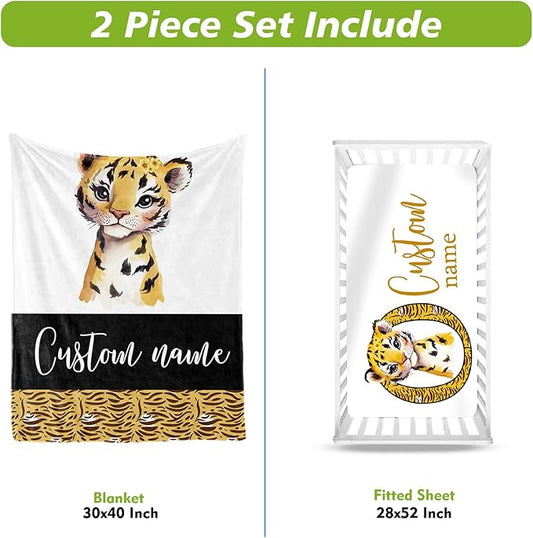 Personalized Baby Crib Bedding Set, Custom Name Tiger Design Baby Bedding 2-Pcs Set-Soft Double Layer Dotted Blanket and Fitted Sheet, Nursery Bedding for Newborn Boys Girls, Perfect Shower Gift