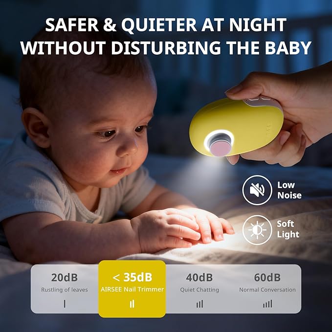 AIRSEE Premium Newborn Gift Electric Baby Nail File, Cordless Safe Nail Trimmer for Infant, 6 Replacement Heads with Magnetic Storage Case, 360° Light, Baby Clipper, Christmas, Soft Yellow