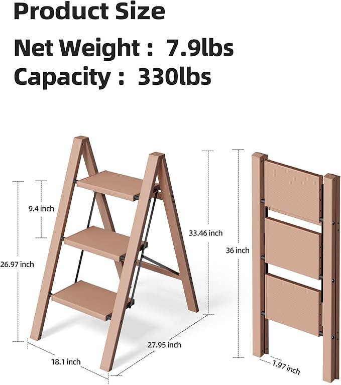 HillhutApex 3 Step Stool, Aluminum Foldable Step Ladder, Lightweight Stable Stool with Wide Non-Slip Pedals, 330lbs Bearing Capacity Ladder for Office,Home,Kitchen - Light Pink