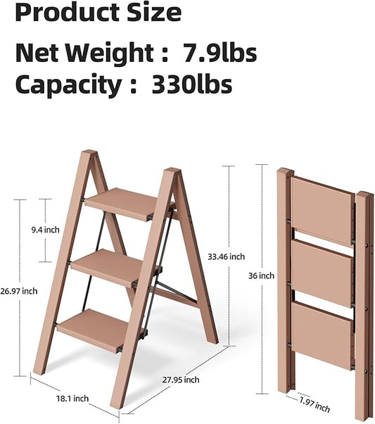 HillhutApex 3 Step Stool, Aluminum Foldable Step Ladder, Lightweight Stable Stool with Wide Non-Slip Pedals, 330lbs Bearing Capacity Ladder for Office,Home,Kitchen - Light Pink