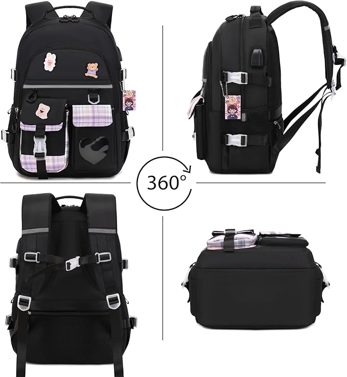 ACESAK Backpack for Girls - Bookbag Backpacks Schoolbag for Girls Kids Teen Women Casual Travel Daypacks - School Bag Elementary Middle School College Cute Backpack with Lunch Box (Black Purple)