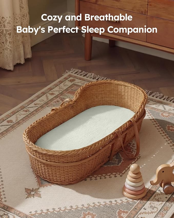 Muslin Bassinet Sheets Boy Girl, 100% Cotton Fitted Bassinet Sheet Set 2 Pack Bassinet Mattress Sheets Universal Fit for Rectangle, Round, Oval, Hourglass Mattress, Soft Breathable