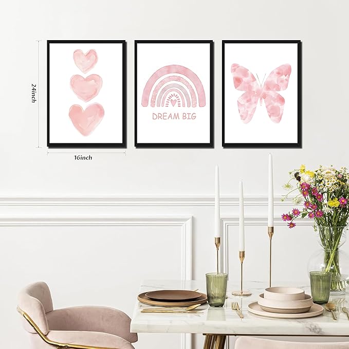 Pink Girls Nursery Wall Art Set of 3, Girl Toddler Room Wall Decor Paintings, Kids Rainbow Butterfly Love Prints Pictures for Baby Room Bedroom Decor 16x24 Inch Wood Framed