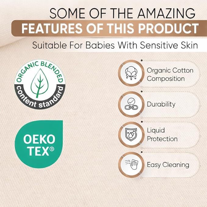 Organic Cotton Percale Waterproof Crib Mattress Protector – 280 GSM, Breathable, Soft Natural Feel – Fitted, Fits Standard Baby Crib Mattress (52" x 28")