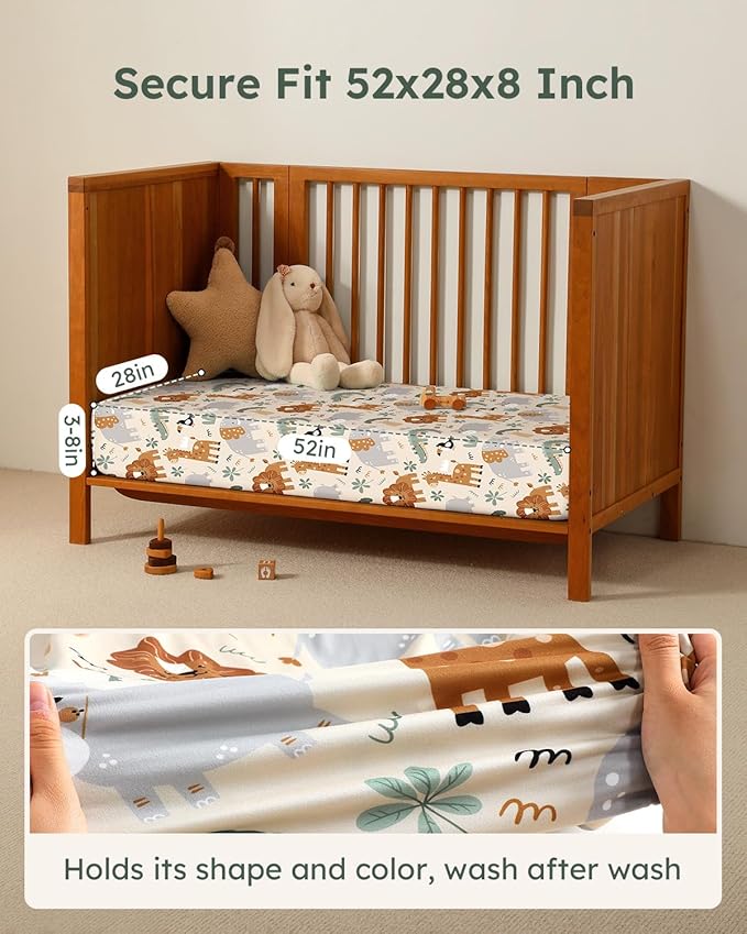 Baby Crib Sheets for Boys Girls, 28x52x8in Fitted Crib Sheet Neutral 3 Pack for Standard Crib and Toddler Mattress, Breathable Soft Microfiber Baby Sheet Green & Apricot Lion