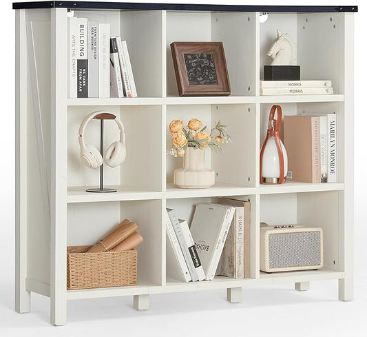 Joaxswe 9 Cube Bookcase, Farmhouse 47 Inch Wide White Bookshelf, Wooden 3 Tier Display Large Open Book Shelf, Vintage Horizontal Book Case for Home Office, Cubby Storage Cabinet for Living Room