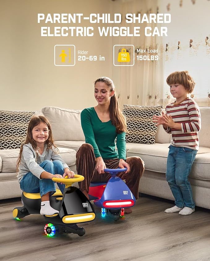 FanttikRide N7 Pro Electric Wiggle Car with Pedal, Rechargeable Battery, CyberWiggle, 2 in 1 Swing Car, 2 Speeds Max 4 Mph, Anti-Rollover, Flashing Wheels, Bluetooth, for Ages 3 and Up, 150 Lbs,Yellow