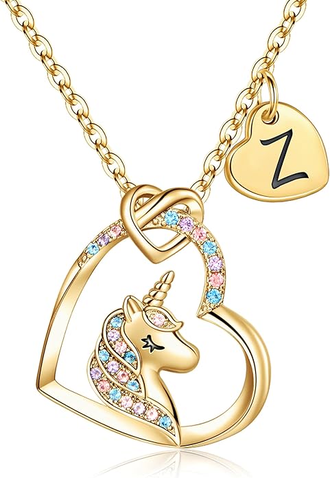 Hidepoo Stocking Stuffers for Teen Girls Kids - Colorful CZ Heart Pendant Initial Unicorn Necklaces for Girl Jewelry Birthday Gift Christmas Gifts for Grandkids Girls Kid
