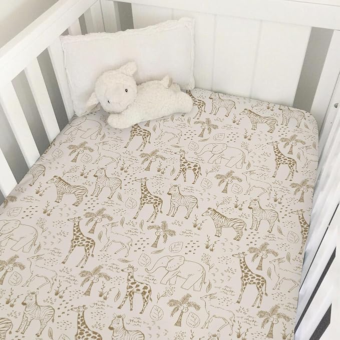 Cute Animals Safari Baby Crib Sheets for Boy Girl Boho Giraffe Zebra Elephant Trees Leaves Soft Snug Fitted Crib Mattress Covers for 52''x28'' Standard Crib & Toddler Mattress Wild Animals Bed Sheets