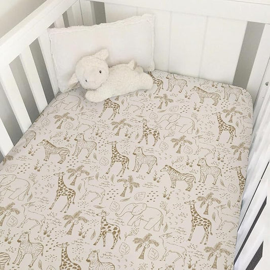 Cute Animals Safari Baby Crib Sheets for Boy Girl Boho Giraffe Zebra Elephant Trees Leaves Soft Snug Fitted Crib Mattress Covers for 52''x28'' Standard Crib & Toddler Mattress Wild Animals Bed Sheets