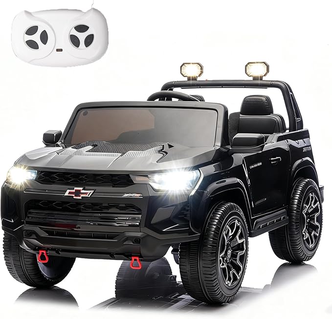 POSTACK Official License Chevrolet 24V 7Ah Big Battery Powered Kids Ride On Toy Car 2-Seater Truck with Remote Control,LED Bright Lights and Music Play Children Gifts for Boys and Girls Black