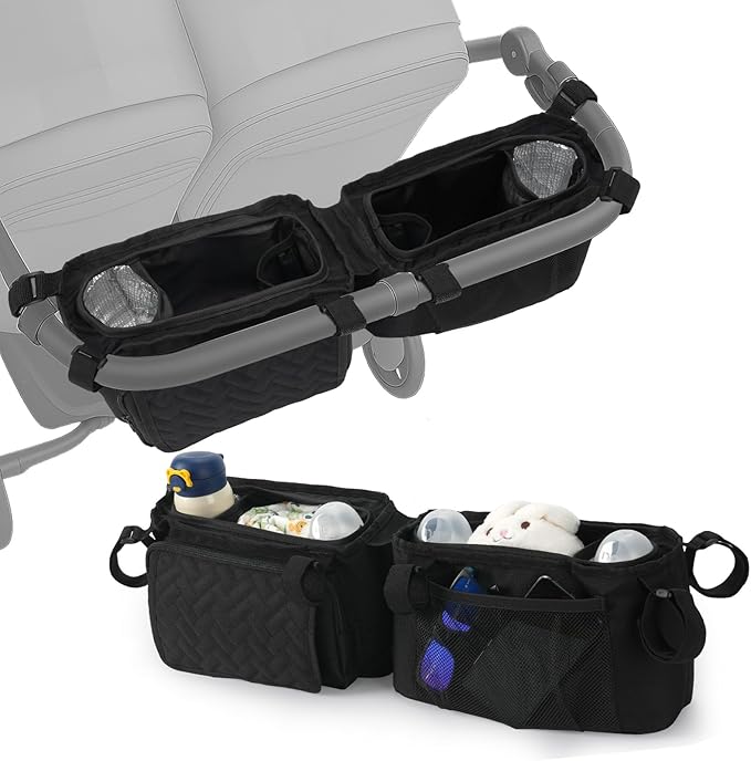 PHOEBUS BABY Double Stroller Caddy Organizer with 2 Insulated Cup Holder, Parent Console Fits for BOB Duallie, Jeep, Baby Jogger City Mini GT2 and UPPAbaby, Double Jogging Stroller Accessories