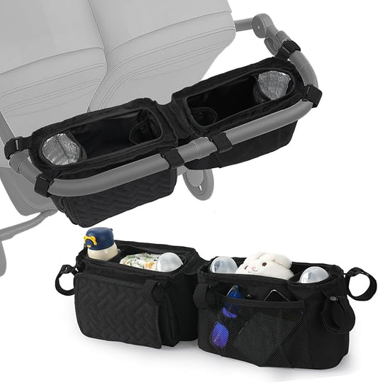 PHOEBUS BABY Double Stroller Caddy Organizer with 2 Insulated Cup Holder, Parent Console Fits for BOB Duallie, Jeep, Baby Jogger City Mini GT2 and UPPAbaby, Double Jogging Stroller Accessories
