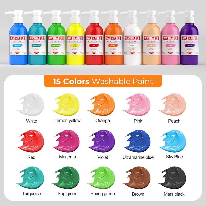 Smallbudi 15 Colors Large Washable Paint Set for Kid, 10oz/300 ml Bottle with Pump, Bulk Paint Supplies Non Toxic Children Tempera Paint for Art, Craft, DIY, Finger Paint, School, Home, Classroom