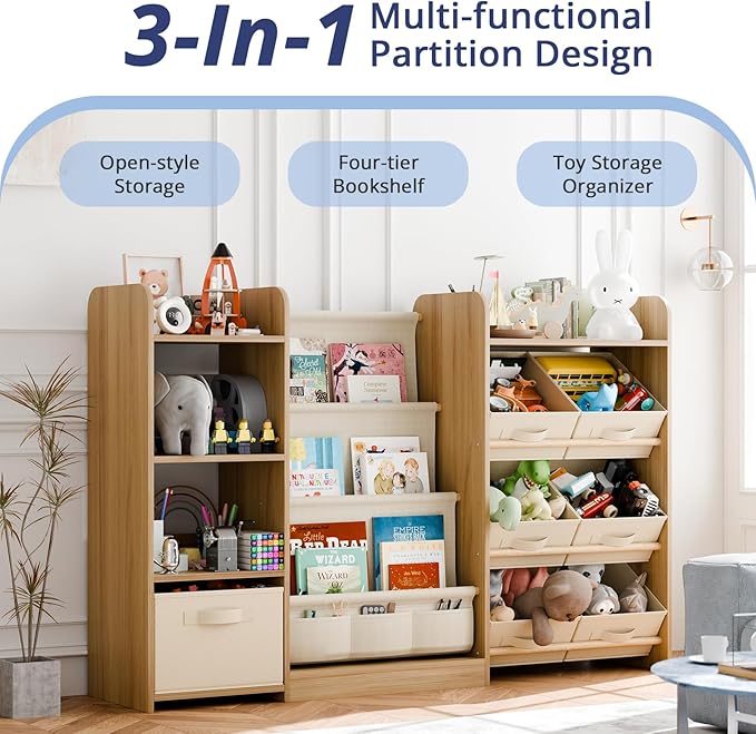 IKALIFE Kids Toy Book Storage Organizer - Large Bookshelf with 7 Removable Bins, Baby Bookshelf and Toy Storage, 4-Tier Book Shelf for Kids Room, Playroom, Classroom, 51 inch, Burlywood
