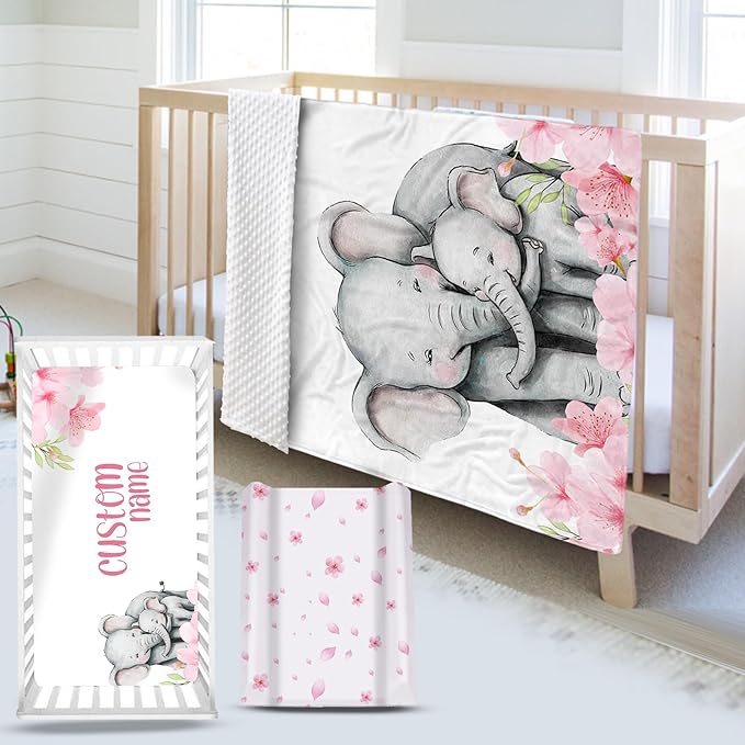 Custom Name Crib Bedding Set 3-Piece – Pink Flower Elephant Design Baby Bedding Set with Personalized Soft Blanket, Fitted Sheet, Changing Pad Cover – Ideal Newborn Gift for Boys and Girls