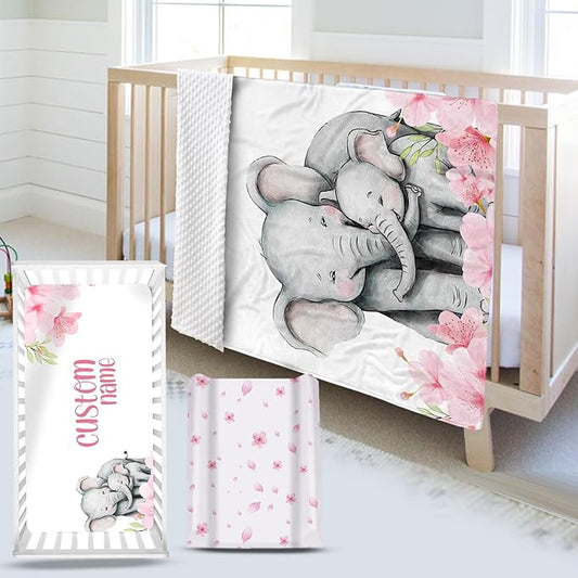 Custom Name Crib Bedding Set 3-Piece – Pink Flower Elephant Design Baby Bedding Set with Personalized Soft Blanket, Fitted Sheet, Changing Pad Cover – Ideal Newborn Gift for Boys and Girls