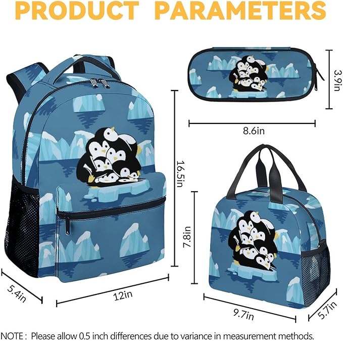 COOPASIA Penguin Backpack with Lunch Box and Pencil Case, 16 Inch Penguin Theme Bookbag with Adjustable Straps, Durable, Lightweight, Large Capacity, School Backpack for Girls Women