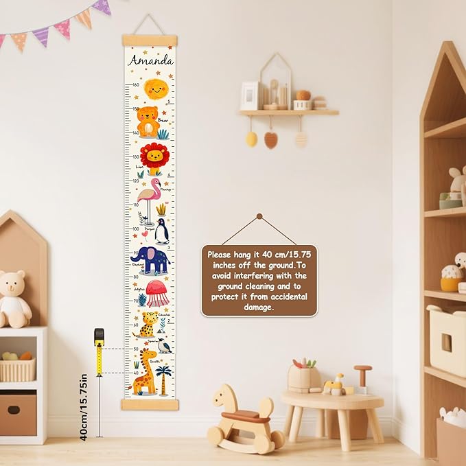 Personalized Name Baby Height Growth Chart Wall, Animal Canvas Kids Height Wall Chart Removable, Waterproof Height Chart Nursery Wall Decor for Baby Kids Toddlers