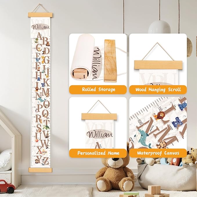 Woodemon Customize Name Growth Chart Wall, Cute Letters Canvas Height Chart for Kids, Height Indicator Tape Ruler Growth Chart Decor, Toddler Room Decoration, Baby Measuring Board