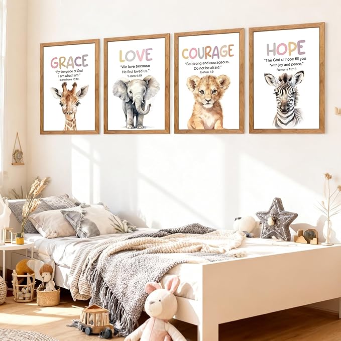 Cute Giraffe Elephant Tiger Zebra Quote Framed Wall Art Set of 4, 11x16 Boho Educational Grace Love Courage Hope Saying Sign for Baby Girl Kid Boy Toddlers, Wooden Inspirational Nursery Wall Decor