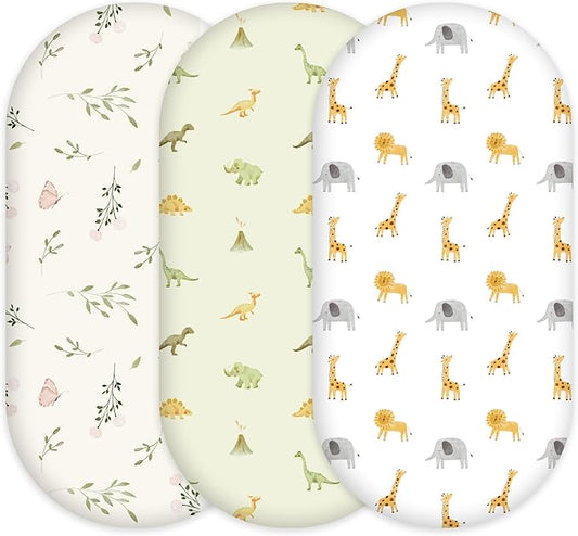 Baby Bassinet Sheets - 3 Pack Breathable Cradle Bassinet Mattress Sheets for Newborns Universal Fit for Hourglass, Oval, Rectangle Mattresses (32" x 16") Dinosaur Elephant