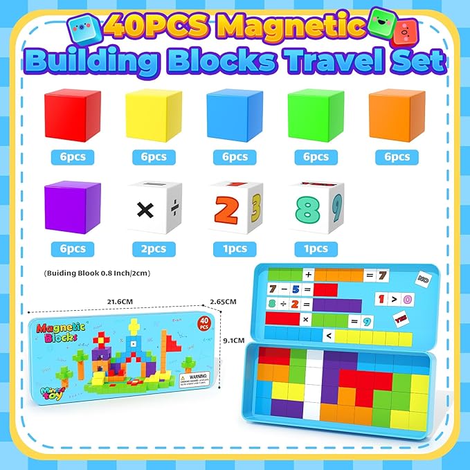 Magnetic Blocks Mini Travel Essentials Toddler Toys with Case Set, Kids Magnet Building Blocks Sensory Montessori Autism Toys for 3+ Boys & Girls Birthday Gifts