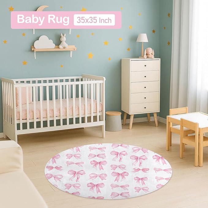 Personalized Baby Crib Bedding Set – Custom Name 4 Pcs Pink Bow Nursery Set with Minky Blanket, Fitted Sheet, Pad Cover & Rug, Soft Bedding for Girls, Ideal Shower Gift for Baby, New Parents