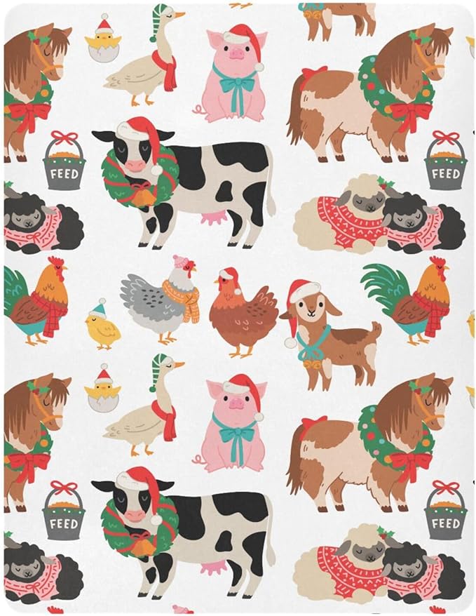 Christmas Farm Animals Crib Sheets Soft Breathable Fitted Baby Playard Sheets Mattress Cover for Girl Boys, 39" x 27" x 5"