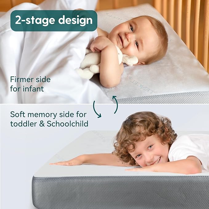 BABELIO Premium Memory Foam Crib Mattresses, 2-Stage, with Waterproof Lining & Removable Cover, for Standard Toddler Bed White and Grey