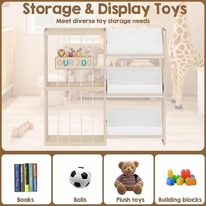 DEMEGA Wooden Toy Storage Organizer with Elastic Bands, Easy to Assemble and Use, Large Capacity Toy Bin Organizer for Nursery Playroom Bedroom, Adorable and Practical Design