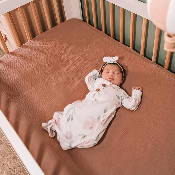 GRSSDER Soft Muslin Crib Sheet 2 Pack, 100% Cotton Crib Sheets for Boys and Girls, Fit Standard Crib Mattresses 52" x 28" Safe and Snug, Wheat/Brick Red