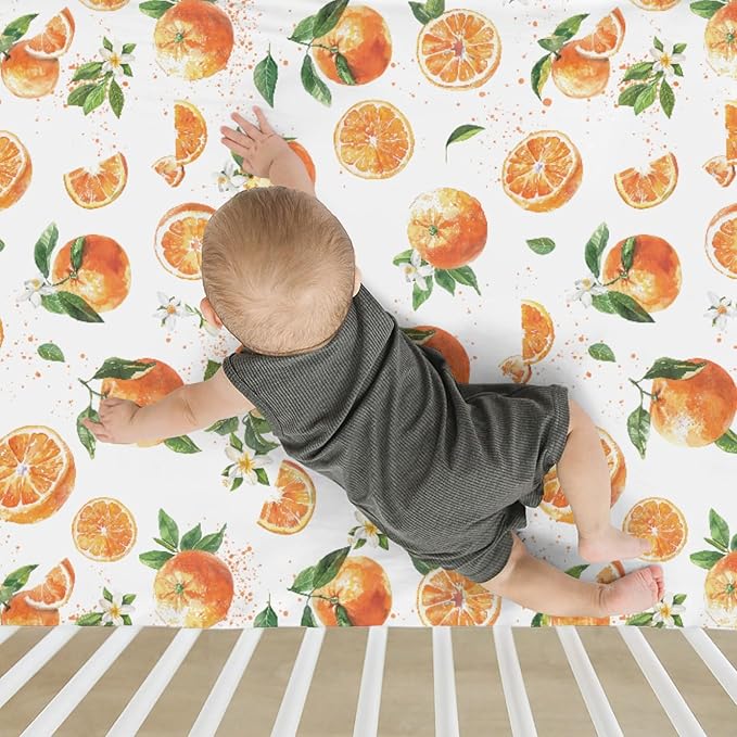Watercolor Oranges Baby Crib Sheets for Boy Girl 52x28Inch Orange Branches Flowers Leaves Soft Snug Fitted Crib Mattress Cover Summer Citrus Fruit Baby Sheet for Standard Crib & Toddler Bed Mattress