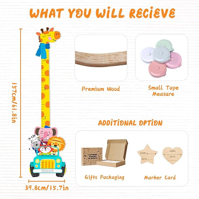 Woodemon Personalized Name Wooden Growth Chart for Wall, Animal Travel Wood Baby Height Growth Chart Wall Kids Room Nursery Wall Decor