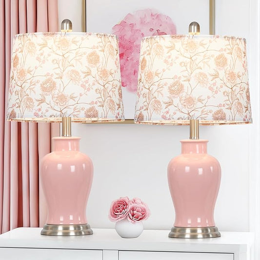 luxeflow Pink Ceramic Table Lamp with Flower Lampshade, 23" Cute Ceramic Bedside Lamp with Ginger Jar Design, Modern Living Room Lamps Set 2, Elegant Bedroom Lamps for Nightstand Desk Side Home Decor