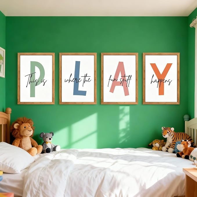 Cute Alphabet Play Framed Wall Art Set of 4, Natural Educational Alphabet Wooden Sign for Baby Girl Kid Boy Toddlers, Neutral Boho Preschool English Letters Nursery Decor for Homeschool Playroom