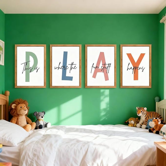 Cute Alphabet Play Framed Wall Art Set of 4, Natural Educational Alphabet Wooden Sign for Baby Girl Kid Boy Toddlers, Neutral Boho Preschool English Letters Nursery Decor for Homeschool Playroom