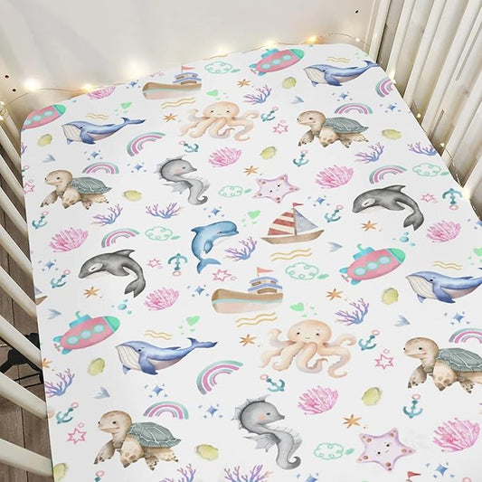 Colorful Ocean Animals Baby Crib Sheets for Boy Girl 52x28Inch Sea Horse Turtle Whale Rainbow Corals Soft Snug Fitted Crib Mattress Cover Marine Life Baby Sheet for Standard Crib & Toddler Mattress