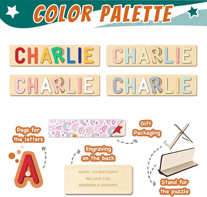 Name Puzzle Baby Gifts for Girl Boy, Baby Todder Christmas Birthday Gift for 1 Year Old, Toys for Montessori Learning