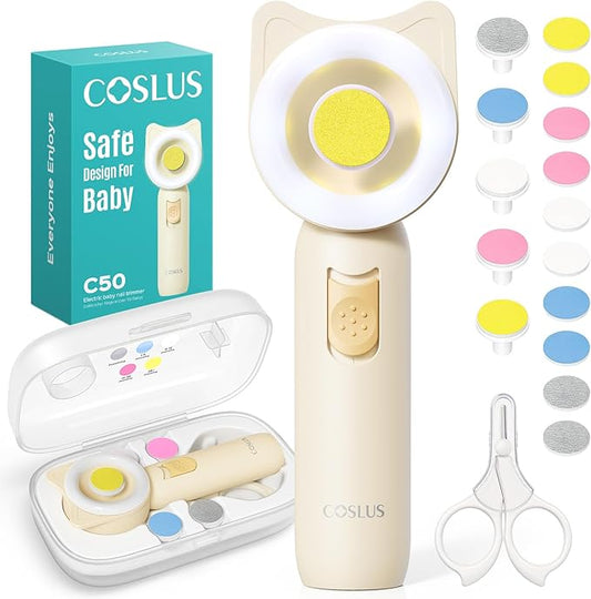 COSLUS Baby Nail File, Baby Nail Trimmer Electric, Baby Nail Clipper - Gentle, Quiet with 360° Light, Safe for Sleep Time Grinding, 16-in-1 Kit for Newborn, Infant & Toddler (C50, Lemon Yellow)