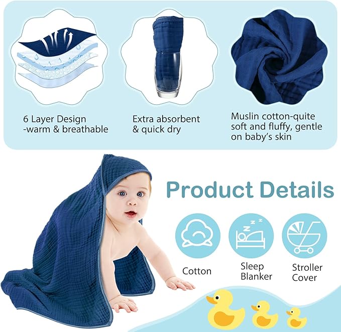 Peryiter 4 Pcs Muslin Hooded Baby Towels, 32x 32'' Cotton Newborn Bath Towel Muslin Infant Baby Blankets Absorbent Unisex Christmas Registry Gift Essentials for Girls Boys (Blue Series)