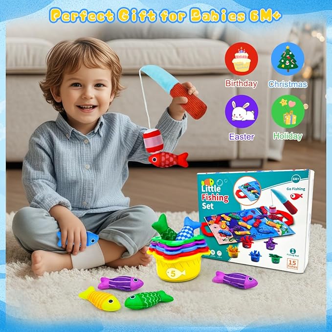 Montessori Toys for 1+ Year Old – 23 PCS Fishing Game with 2 Poles & 15 Fish, 10-in-1 Cloth Fishing Toys for Counting, Color & Shape Learning, Toys for 1 2 3 Year Old Boys Girls Gifts
