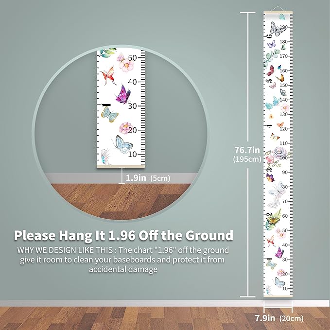 Personalized Growth Chart for Kids, Baby Height Chart with Custom Name, 77"x7.9" Canvas & Beige Wood Height Measuring Rulers for Boys Girls Removable Wall Ruler Hanging for Nursery Decor - Butterfly